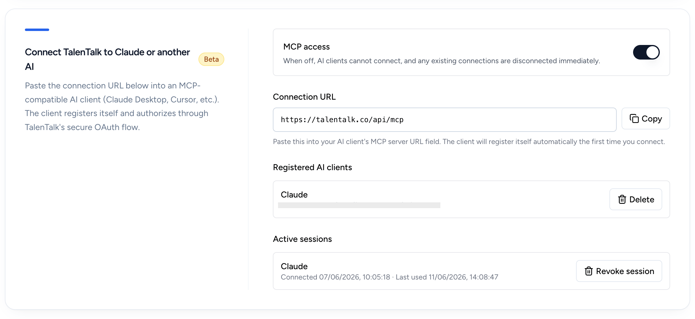 The AI Connector (MCP) section of Talentalk settings, showing the access toggle and the connection URL