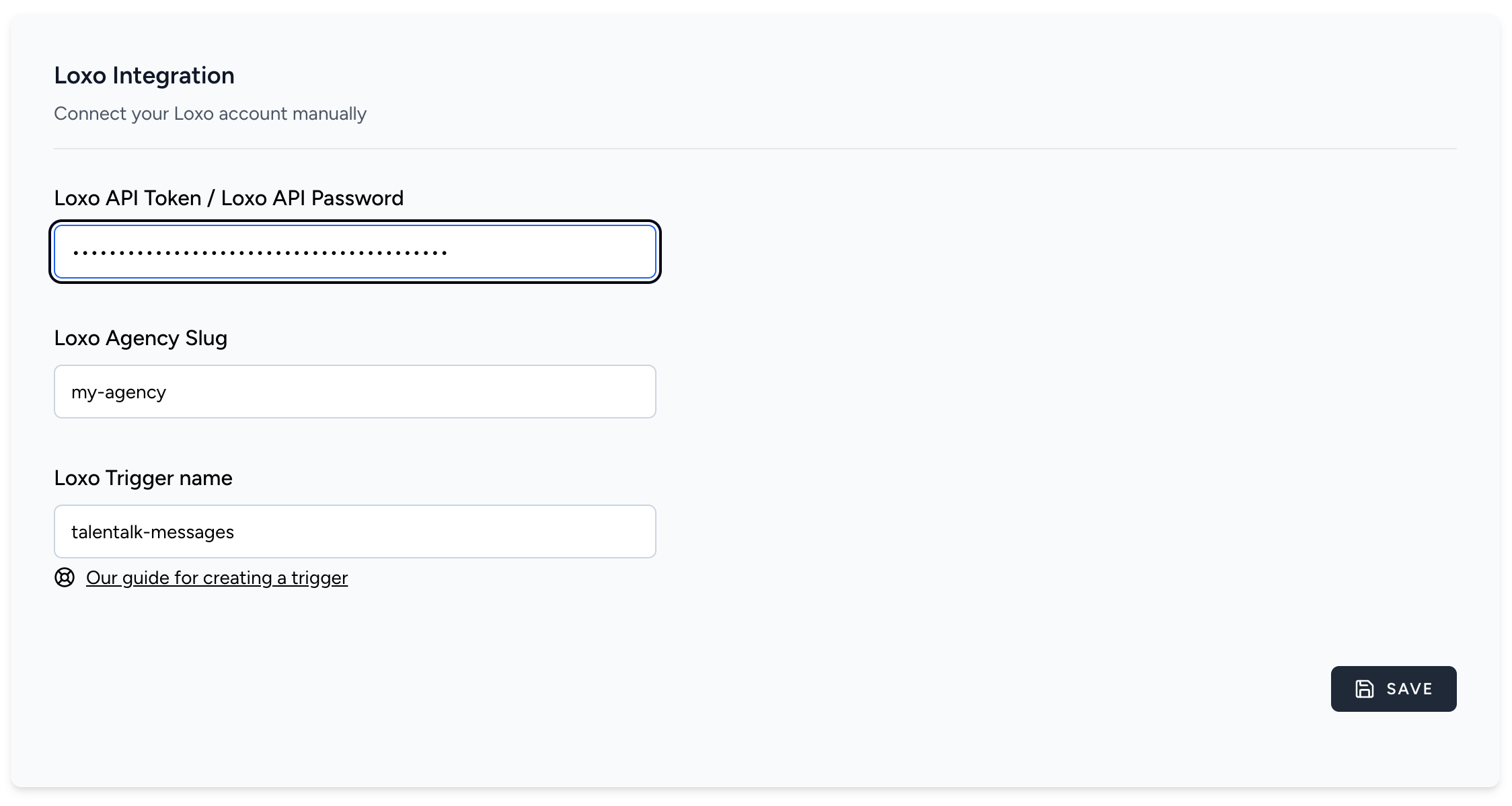 The Loxo integration settings section in Talentalk